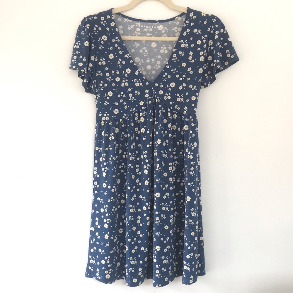 Blue White Yellow Floral Flowers Spring Mini  Fit and Flare Dress size S